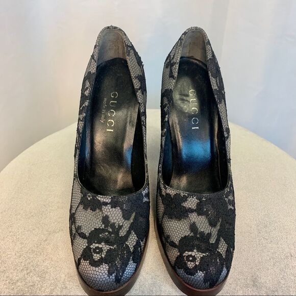 TOM Ford for Gucci Black and Gray Lace Silk Platform Heels Sz 35🔥 - Picture 4 of 14